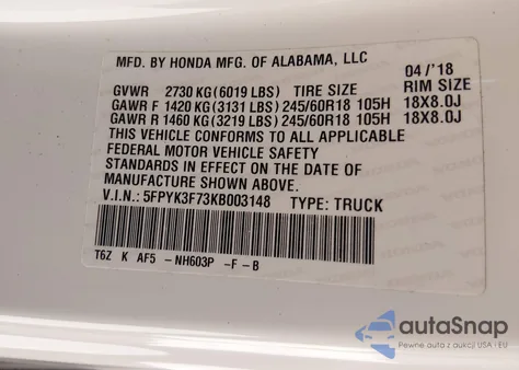 2019 Honda Ridgeline Rtl-E z USA, uszkodzony, nr VIN 5FPYK3F73KB003148